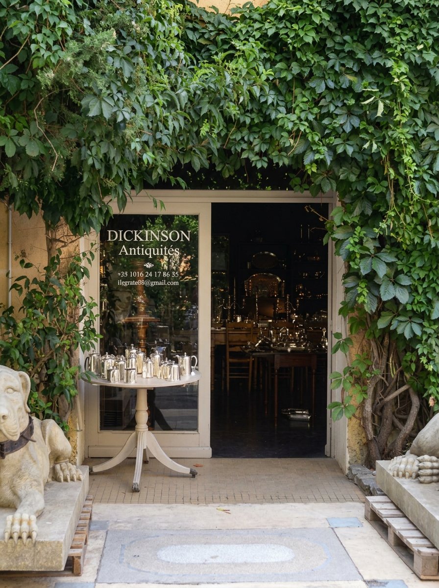 The Dickinson Antiquités shop front in Provence, with stone mastiffs flanking the entrance and ivy framing the door