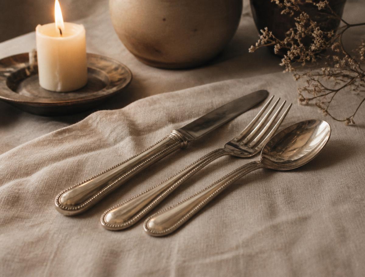 Antique silver plate cutlery with beaded edges beside candlelight