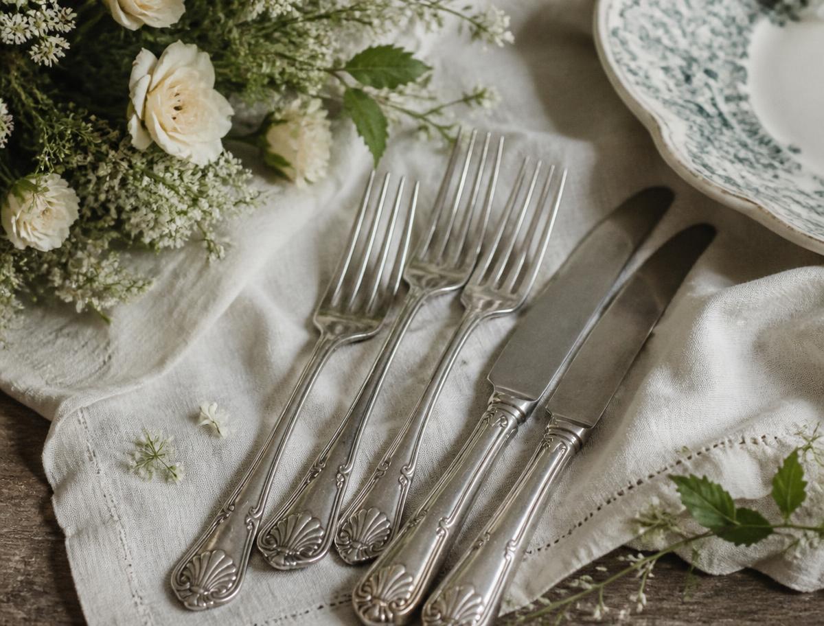 Antique silver plate cutlery with shell motif handles beside garden flowers