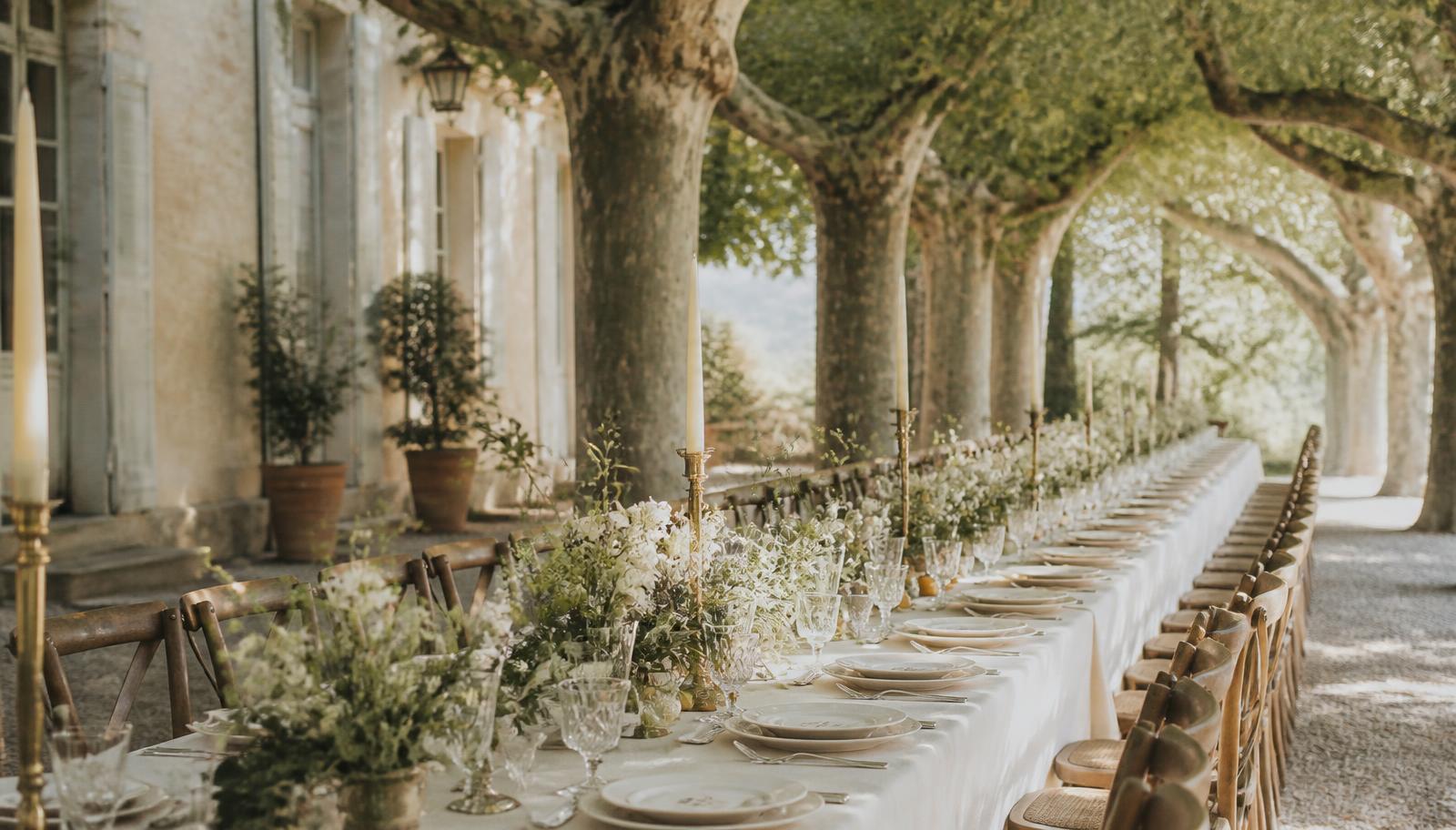 Long wedding table set with antique silver cutlery under plane trees in Provence